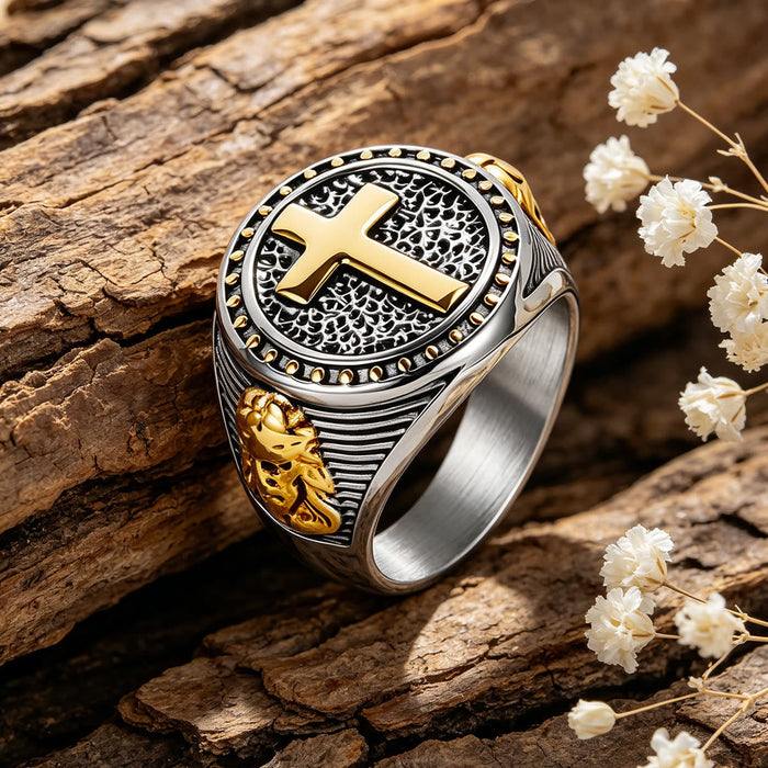 Vintage Two-Tone Cross Signet Ring with Jesus Profile Detail: A Symbol of Timeless Faith & Sacred Protection