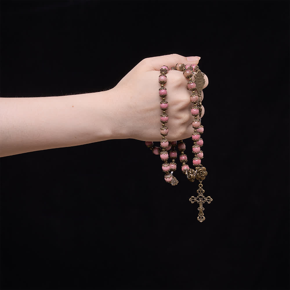 Natural Rhodochrosite Rosary with Antique Bronze Rose Floral Accents