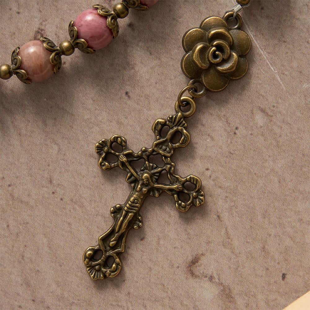 Natural Rhodochrosite Rosary with Antique Bronze Rose Floral Accents