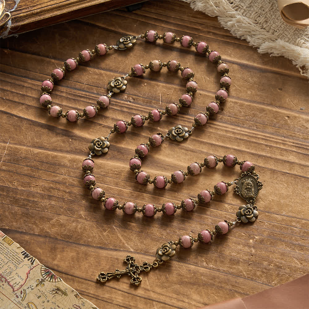 Natural Rhodochrosite Rosary with Antique Bronze Rose Floral Accents