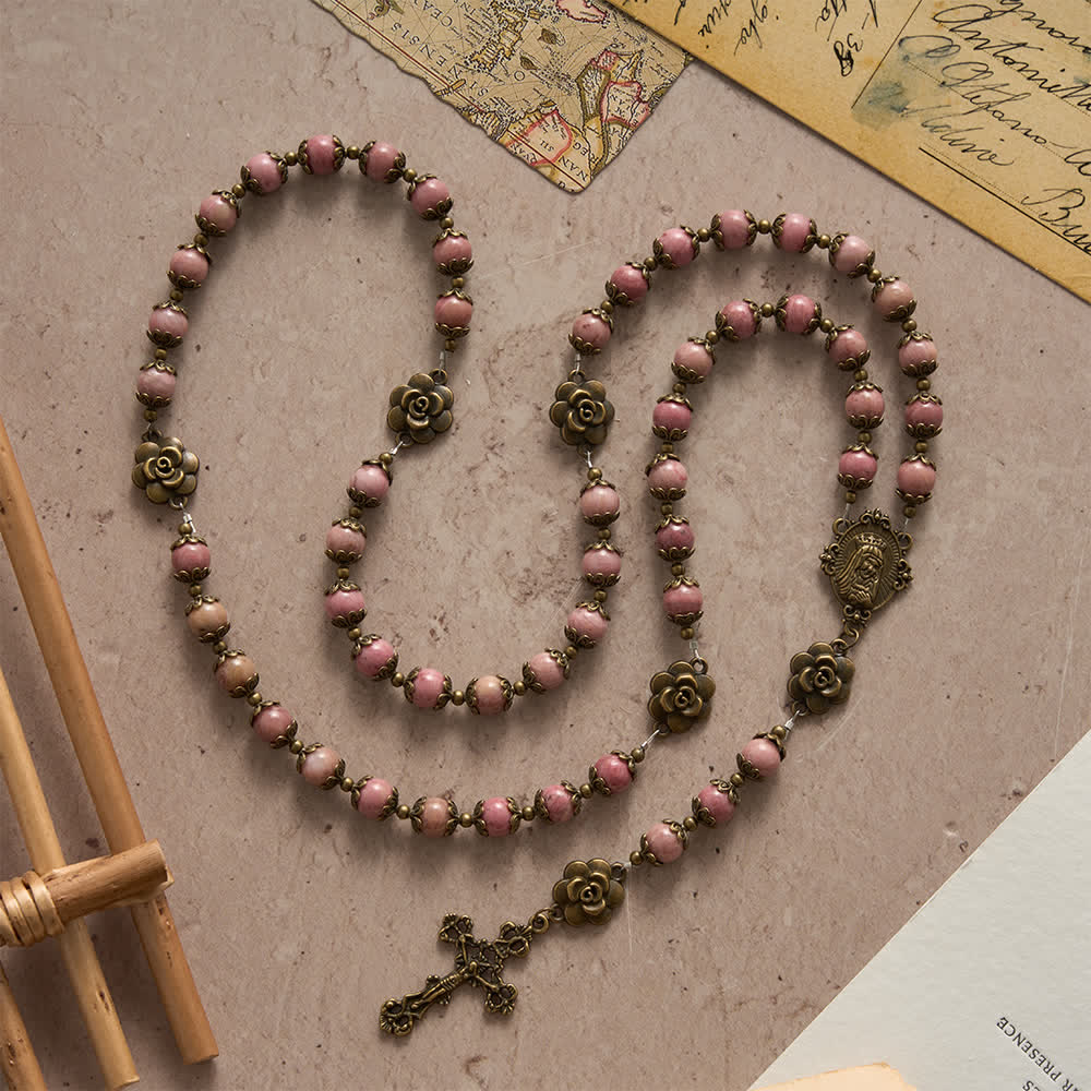 Natural Rhodochrosite Rosary with Antique Bronze Rose Floral Accents