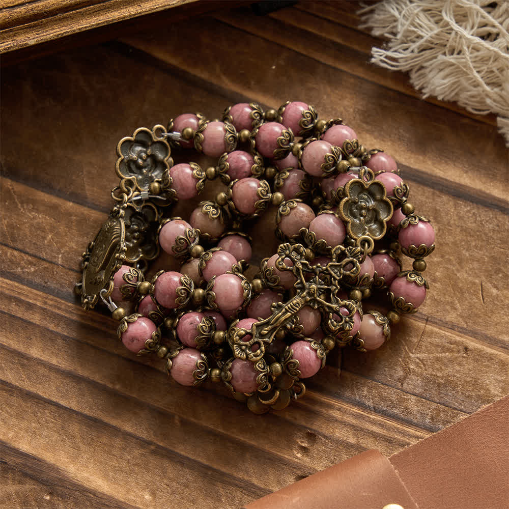 Natural Rhodochrosite Rosary with Antique Bronze Rose Floral Accents
