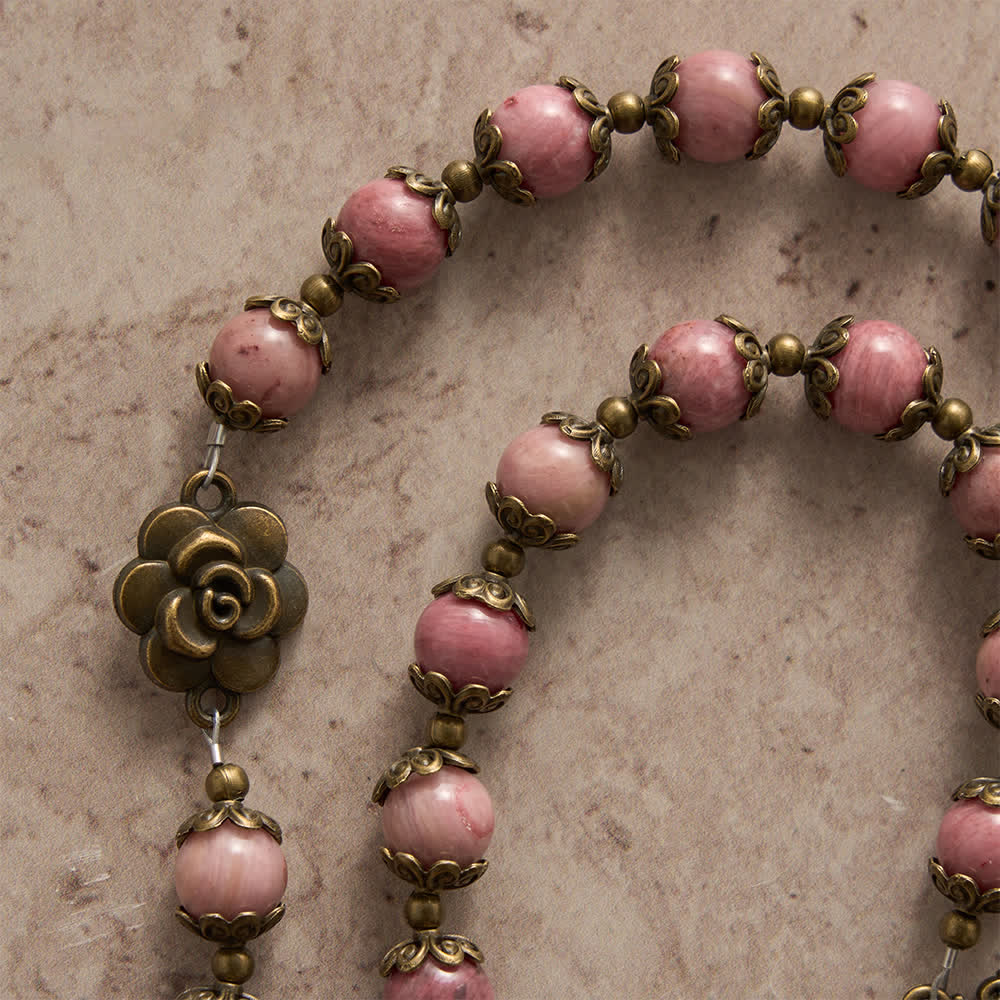 Natural Rhodochrosite Rosary with Antique Bronze Rose Floral Accents
