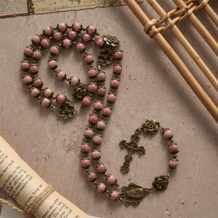 Natural Rhodochrosite Rosary with Antique Bronze Rose Floral Accents