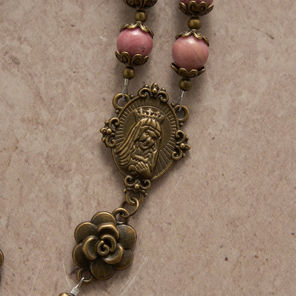 Natural Rhodochrosite Rosary with Antique Bronze Rose Floral Accents