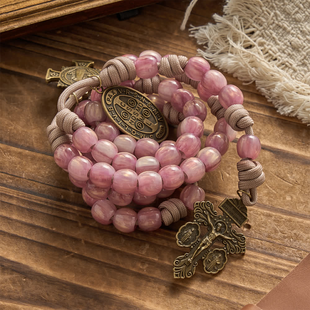 Blush Pink Paracord Rosary with Antique Bronze St. Benedict
