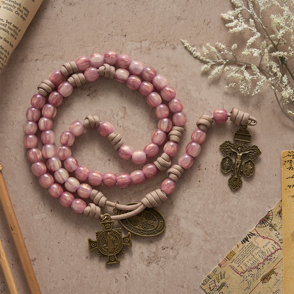 Blush Pink Paracord Rosary with Antique Bronze St. Benedict