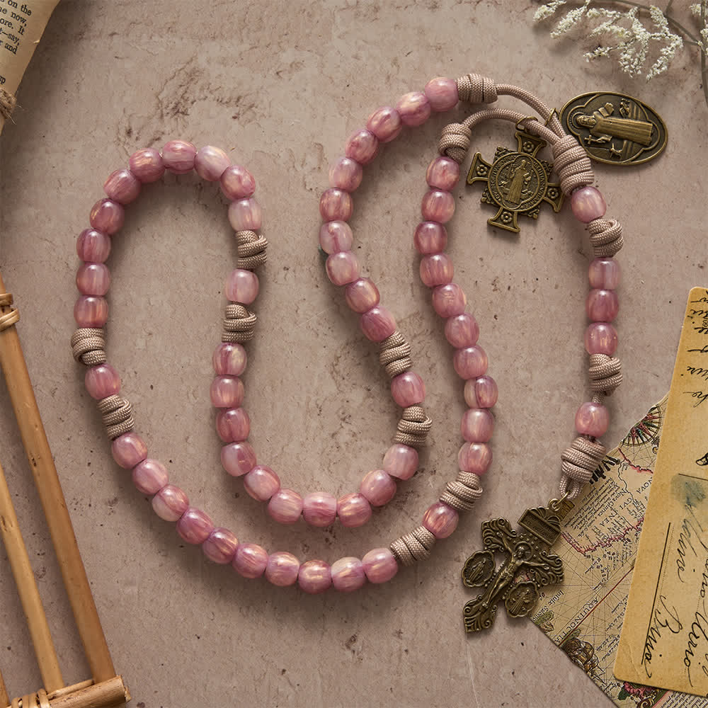 Blush Pink Paracord Rosary with Antique Bronze St. Benedict