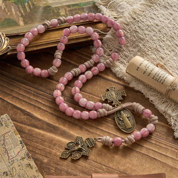 Blush Pink Paracord Rosary with Antique Bronze St. Benedict