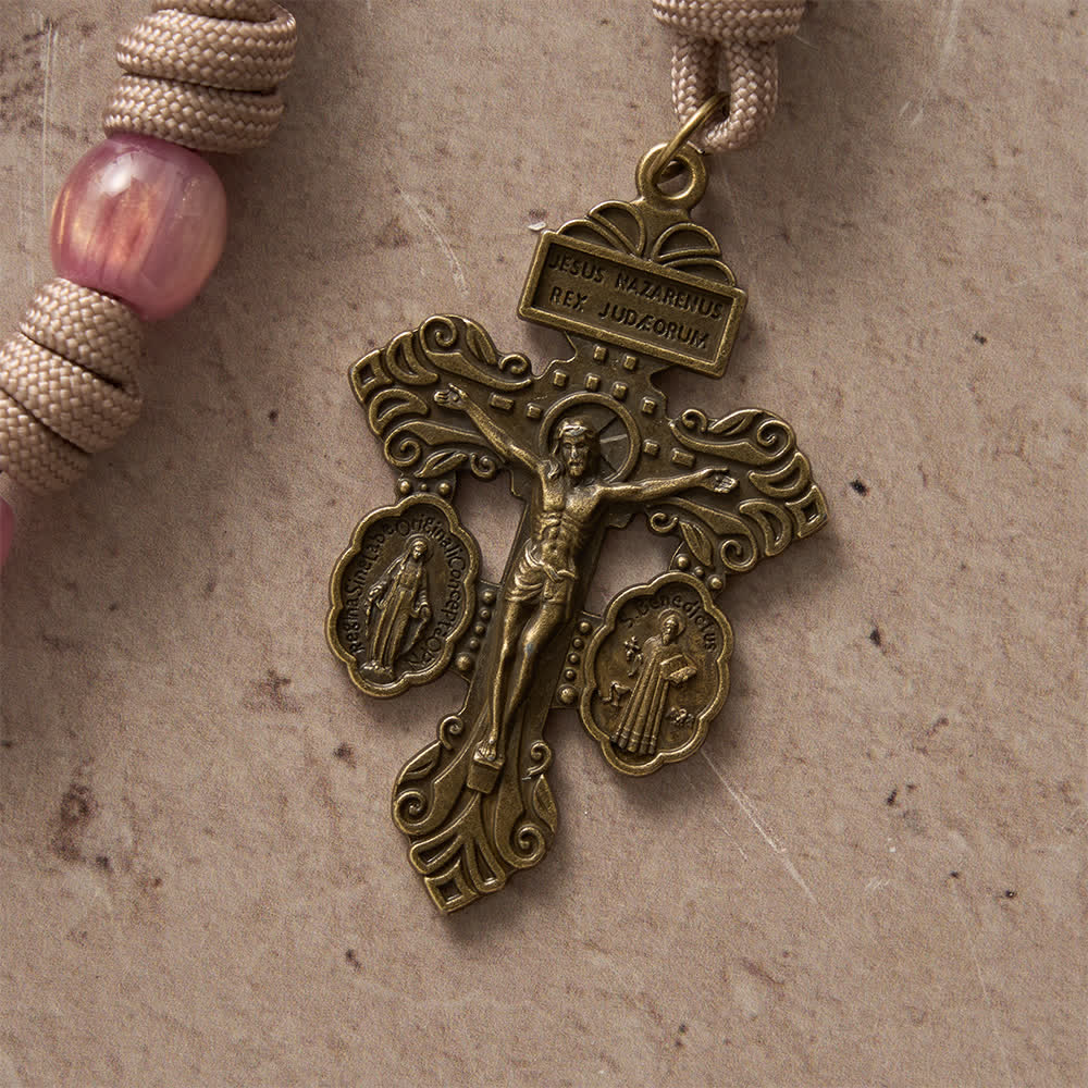 Blush Pink Paracord Rosary with Antique Bronze St. Benedict