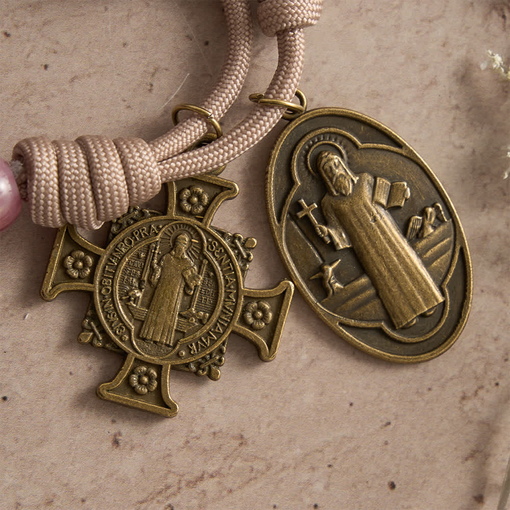 Blush Pink Paracord Rosary with Antique Bronze St. Benedict