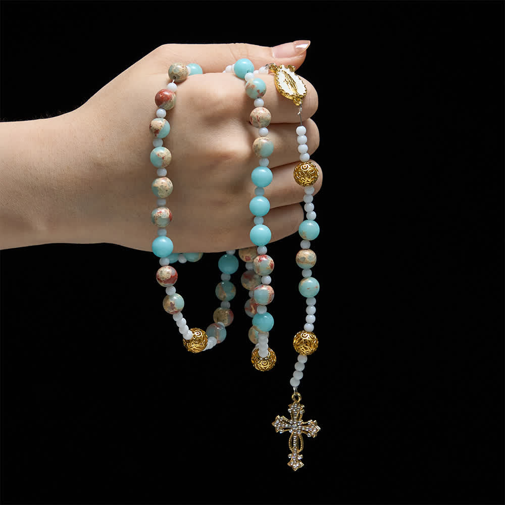 Soft Aqua Shoushan Stone Rosary: Our Lady Marian Devotion