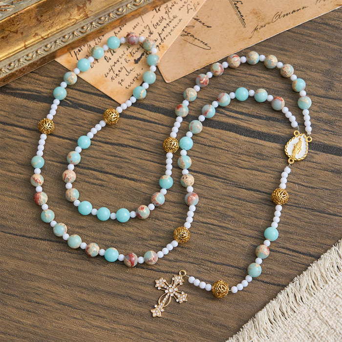 Soft Aqua Shoushan Stone Rosary: Our Lady Marian Devotion