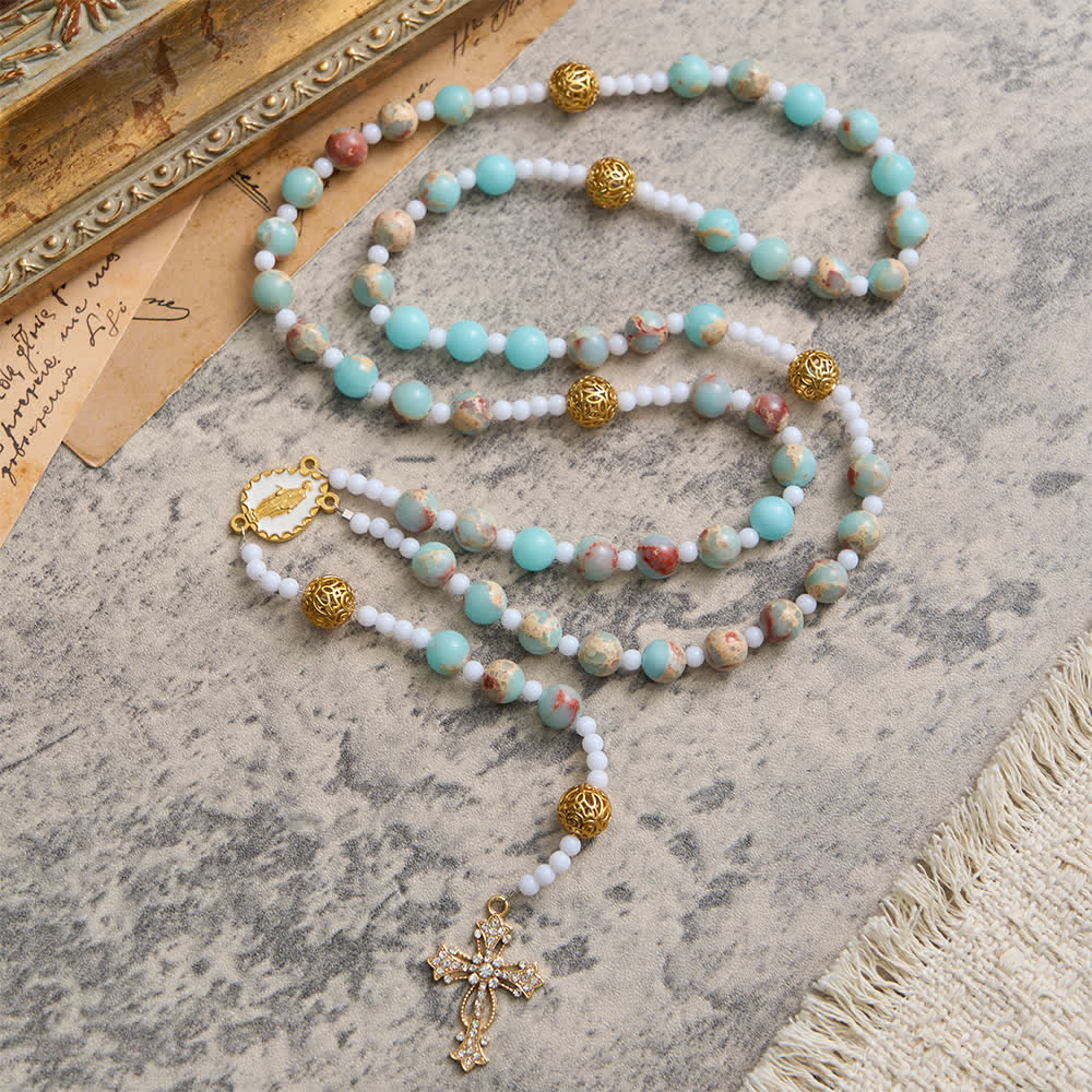Soft Aqua Shoushan Stone Rosary: Our Lady Marian Devotion