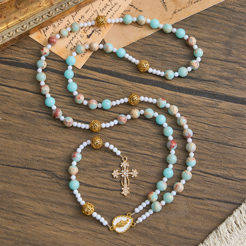 Soft Aqua Shoushan Stone Rosary: Our Lady Marian Devotion