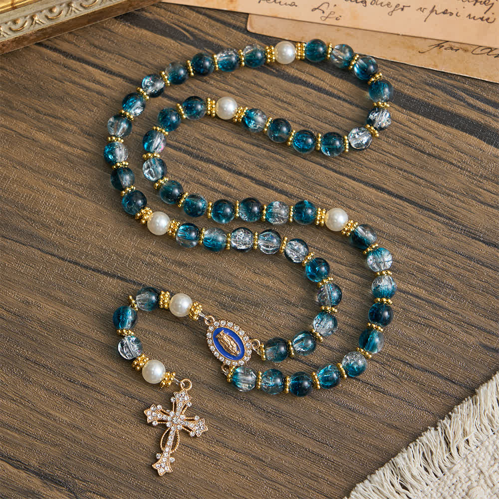 Blue Crackle Glass Bead Rosary for Daily Marian Devotion