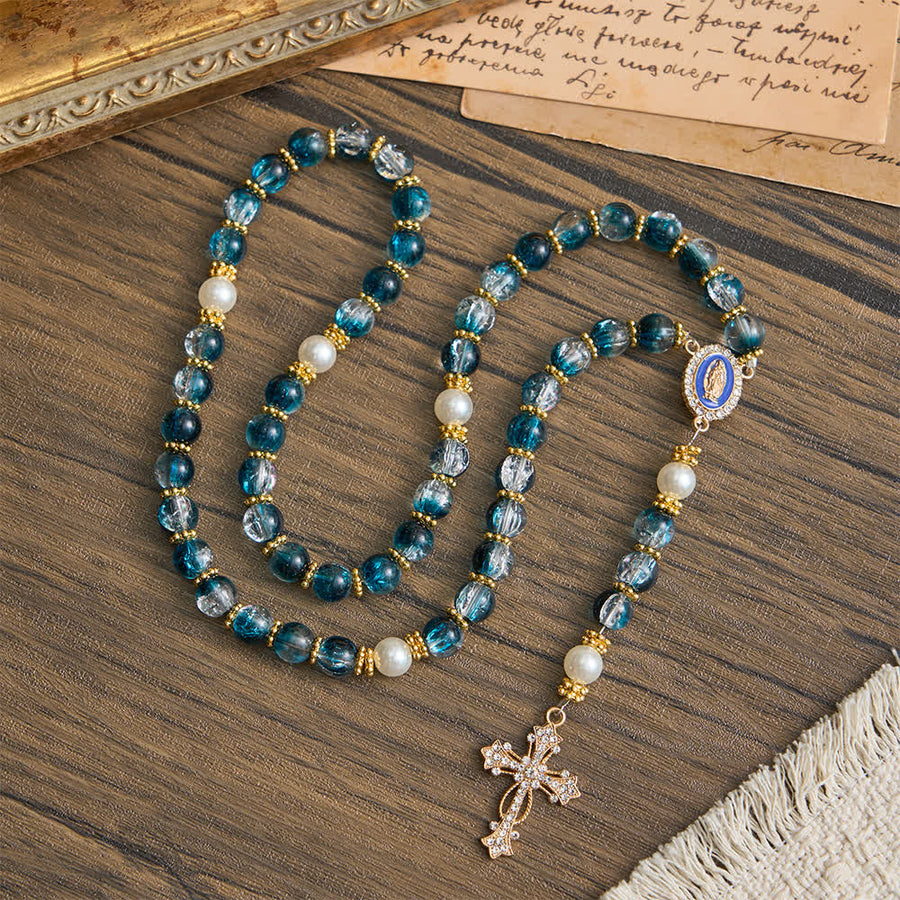Blue Crackle Glass Bead Rosary for Daily Marian Devotion
