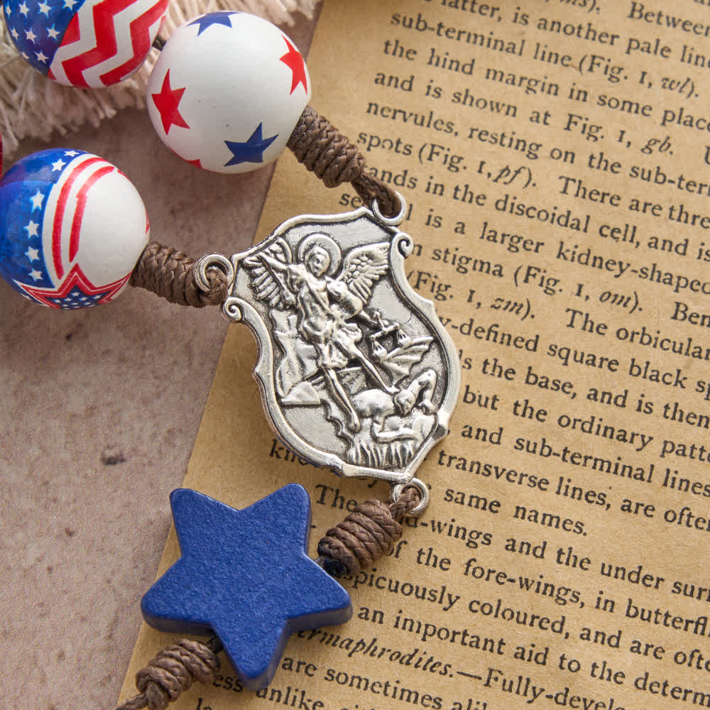 Two-Style Patriotic American Flag Cross Rosary with Red White Blue Stars & Stripes Beads