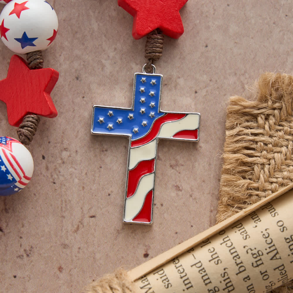 Two-Style Patriotic American Flag Cross Rosary with Red White Blue Stars & Stripes Beads