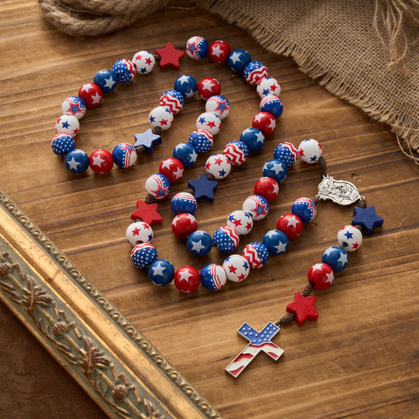 Two-Style Patriotic American Flag Cross Rosary with Red White Blue Stars & Stripes Beads