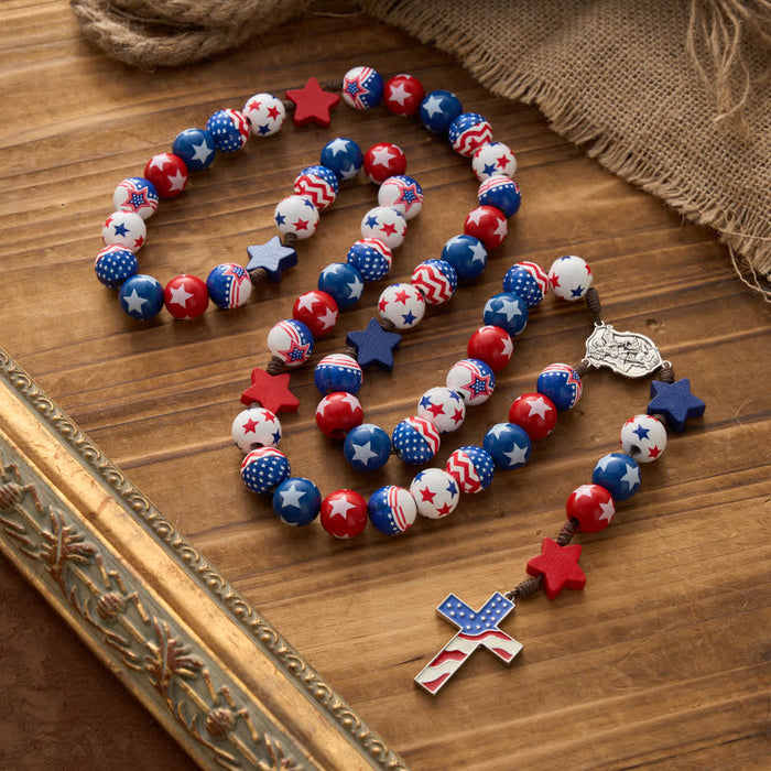 Two-Style Patriotic American Flag Cross Rosary with Red White Blue Stars & Stripes Beads