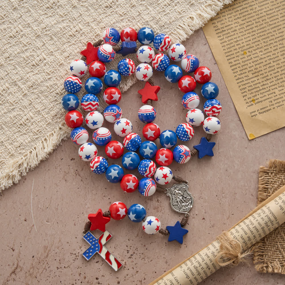 Two-Style Patriotic American Flag Cross Rosary with Red White Blue Stars & Stripes Beads