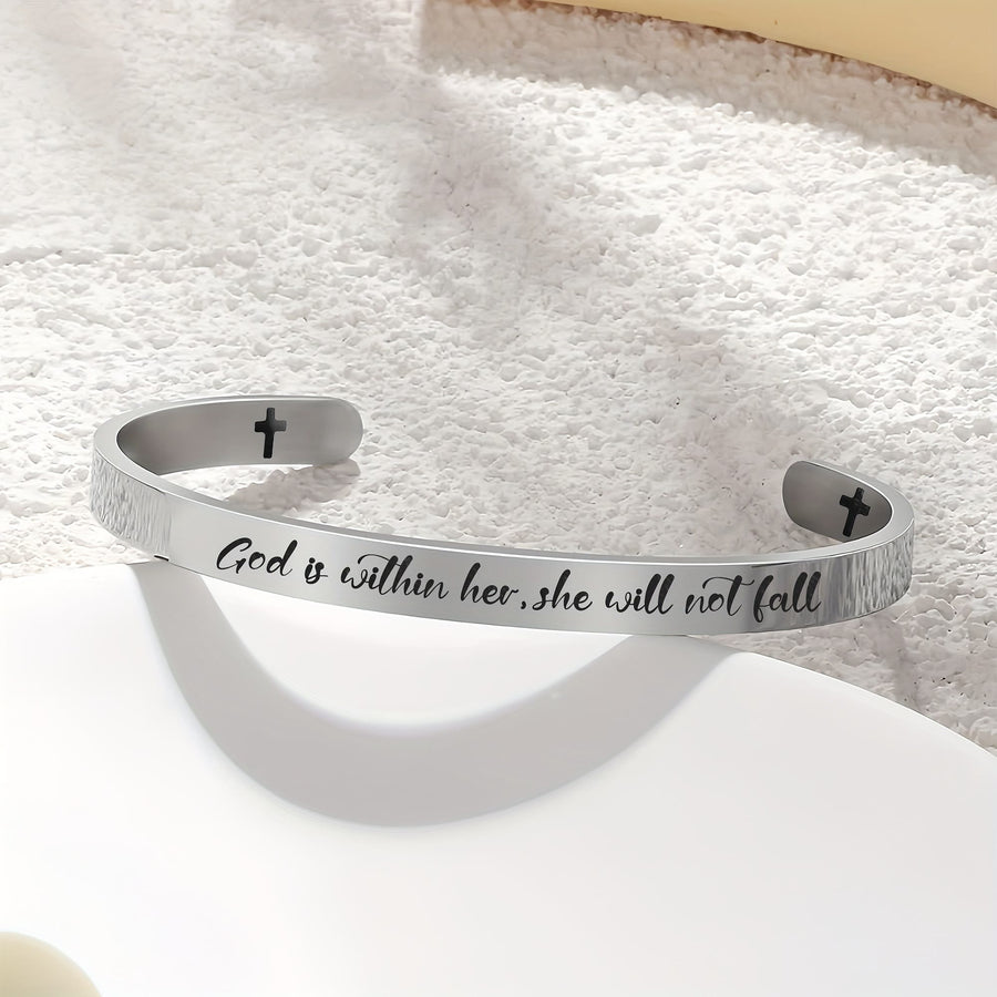 Open Cuff Stainless Steel Bible Verse Engraved Bracelet with Tiny Crosses: A Symbol of Firm Faith