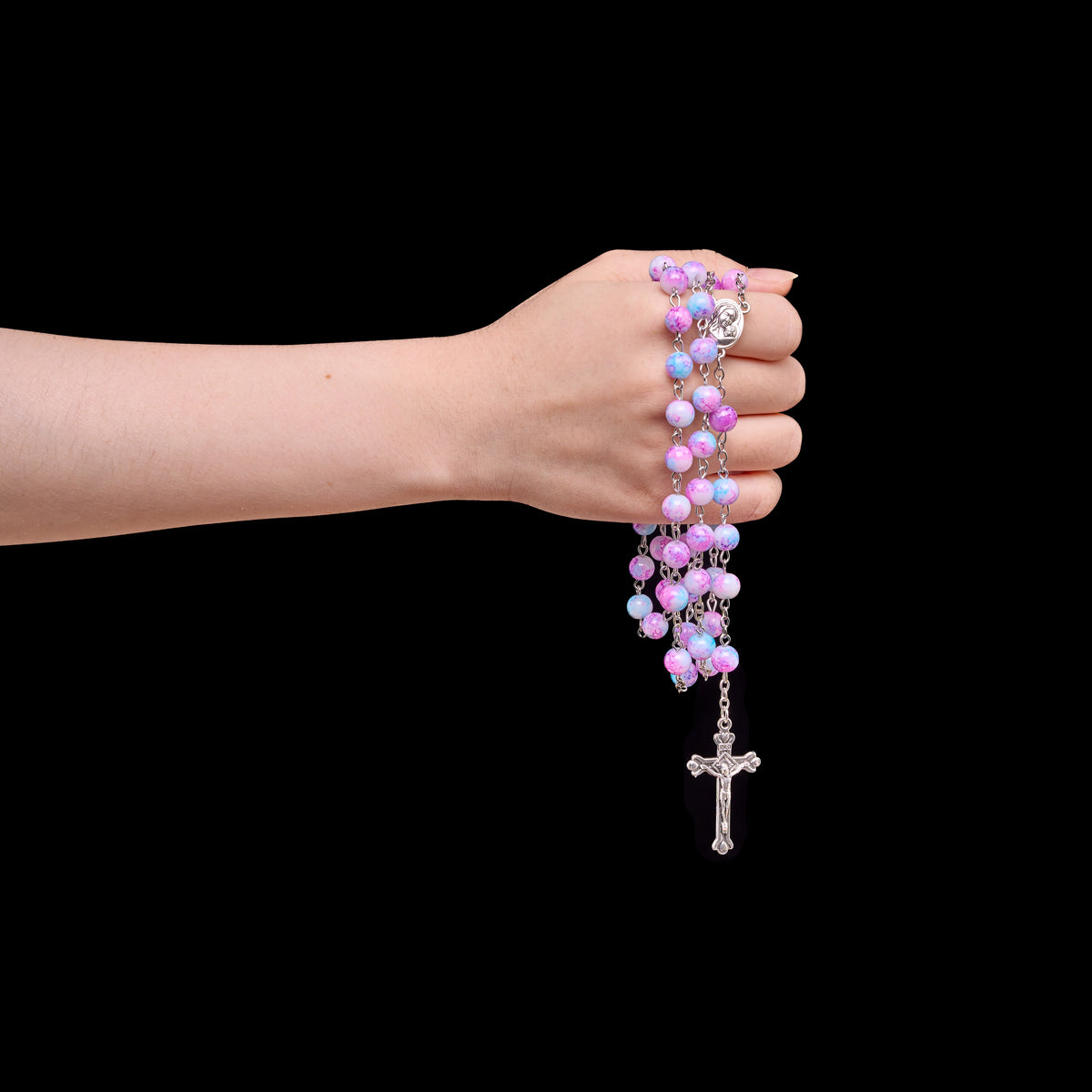 Marbled Pink & Blue Glass Bead Rosary with Madonna and Child Medal & Crucifix