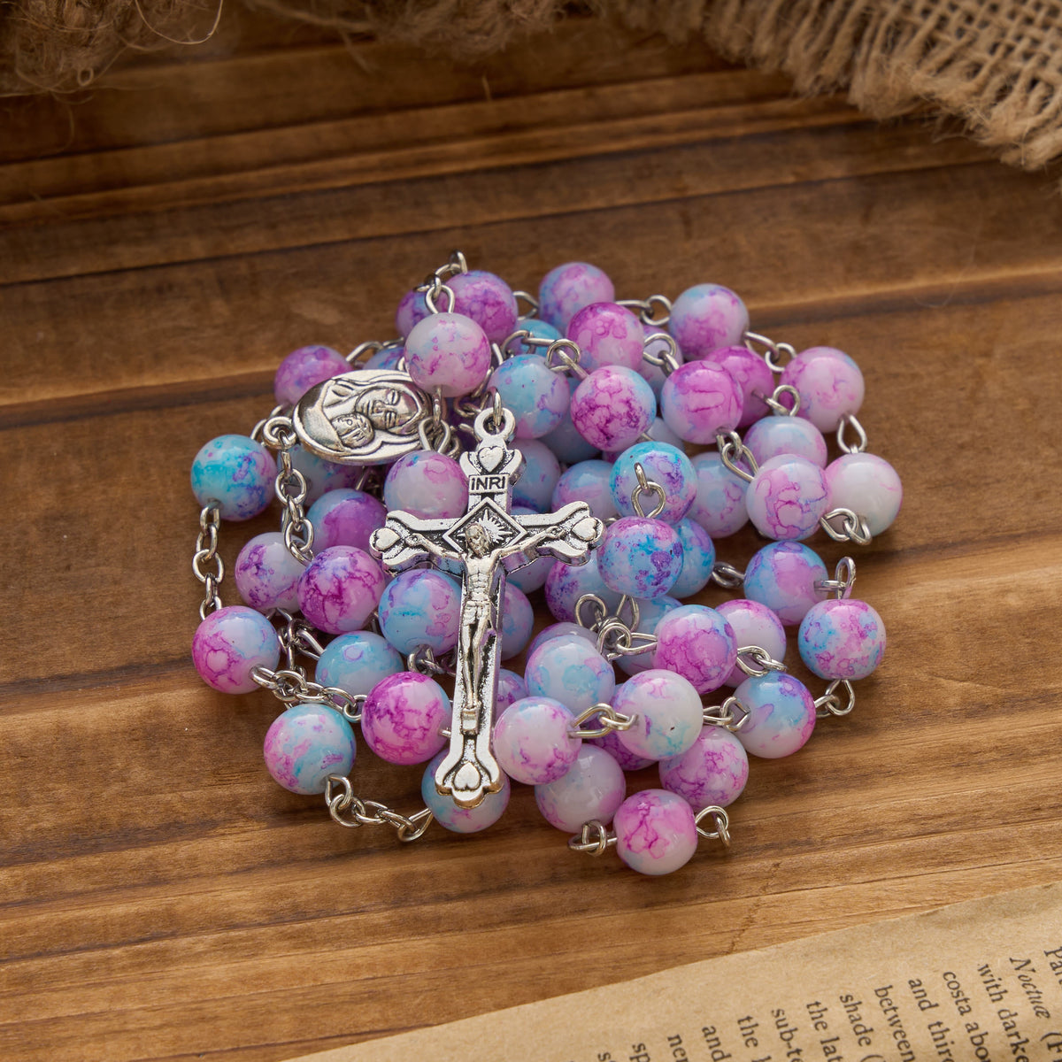 Marbled Pink & Blue Glass Bead Rosary with Madonna and Child Medal & Crucifix