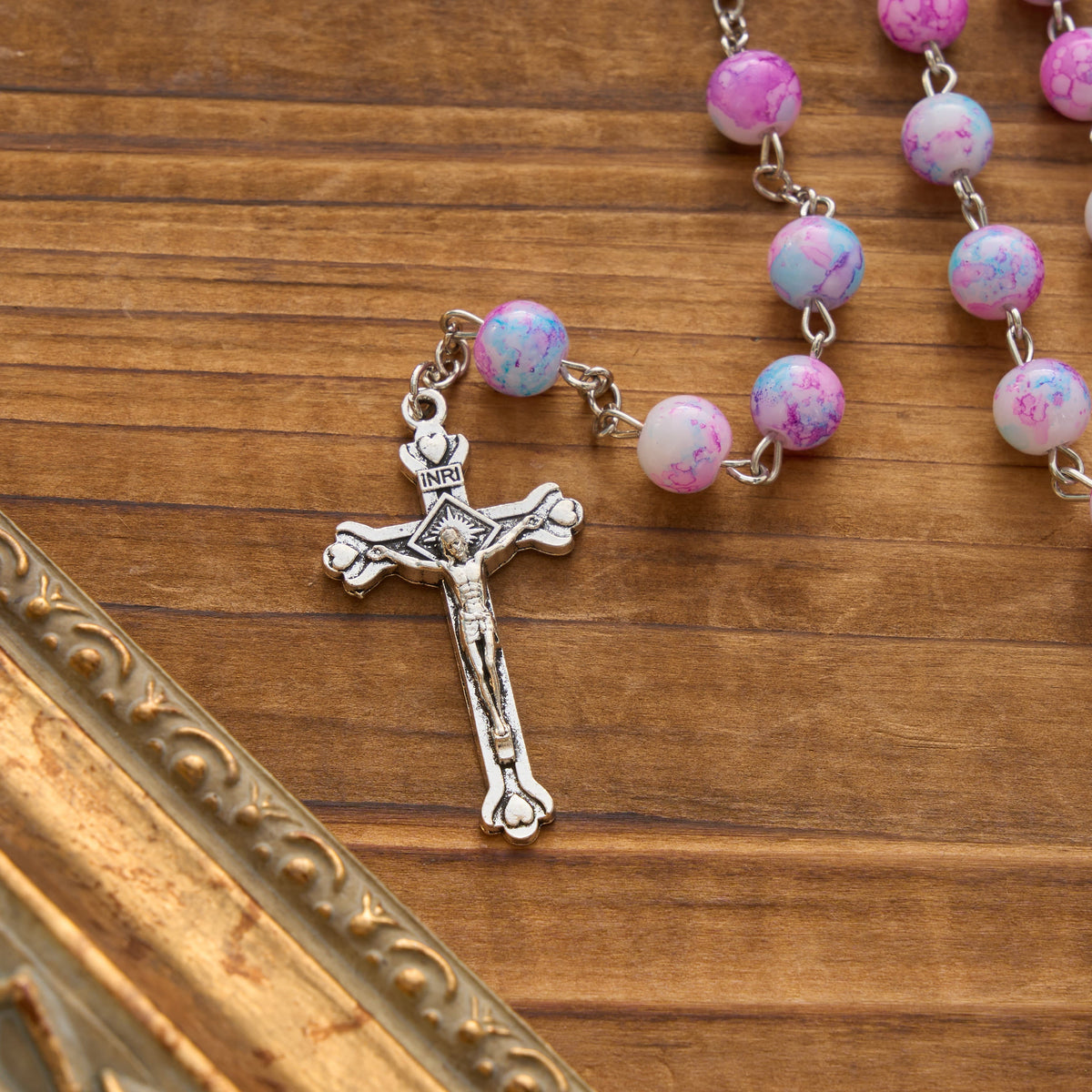 Marbled Pink & Blue Glass Bead Rosary with Madonna and Child Medal & Crucifix