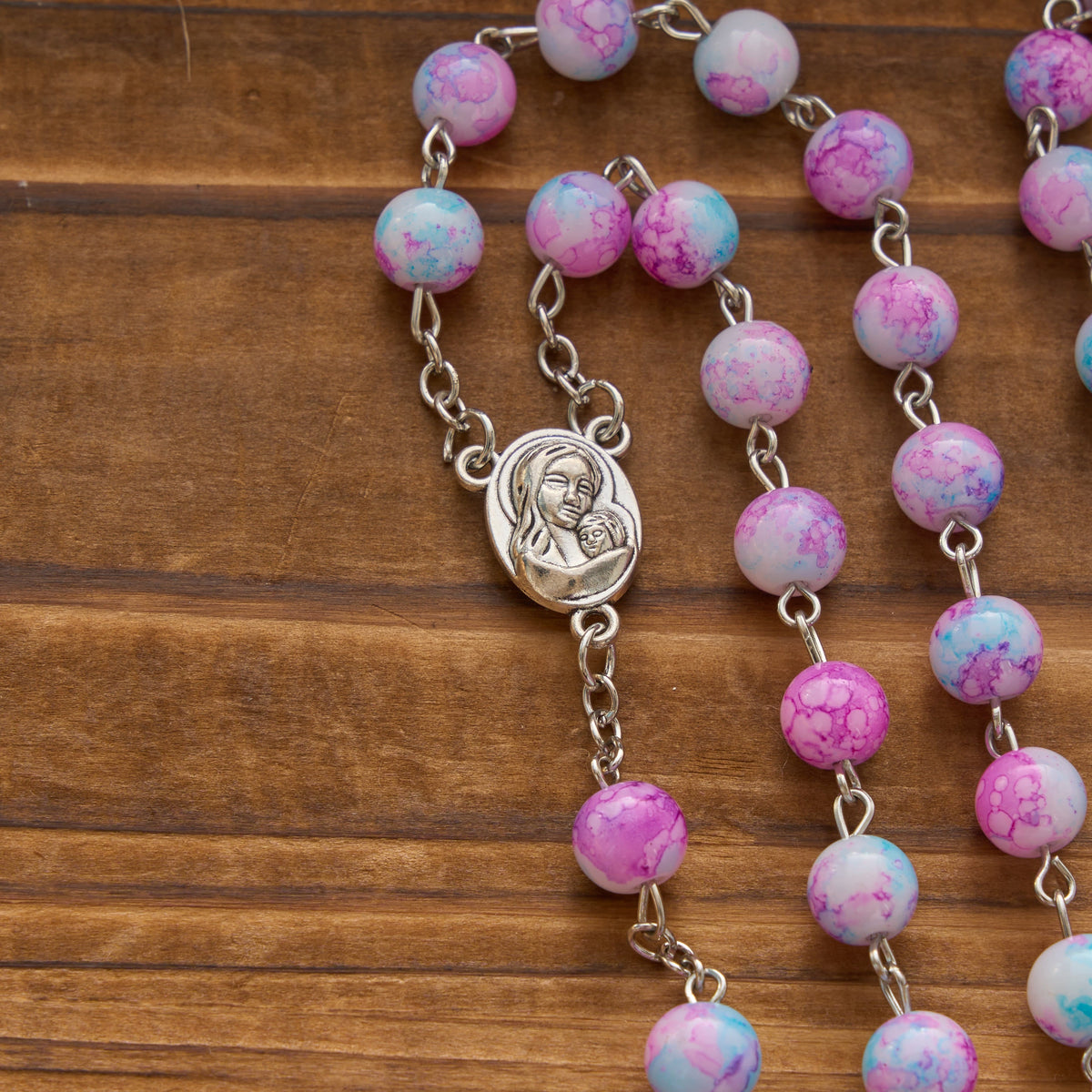 Marbled Pink & Blue Glass Bead Rosary with Madonna and Child Medal & Crucifix