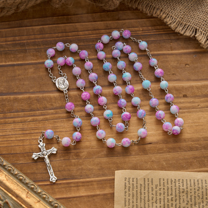 Marbled Pink & Blue Glass Bead Rosary with Madonna and Child Medal & Crucifix