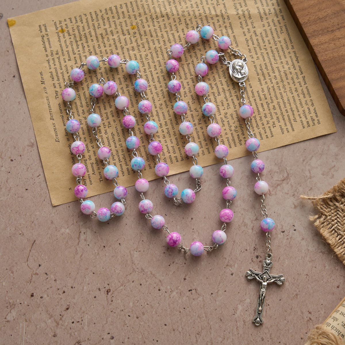 Marbled Pink & Blue Glass Bead Rosary with Madonna and Child Medal & Crucifix