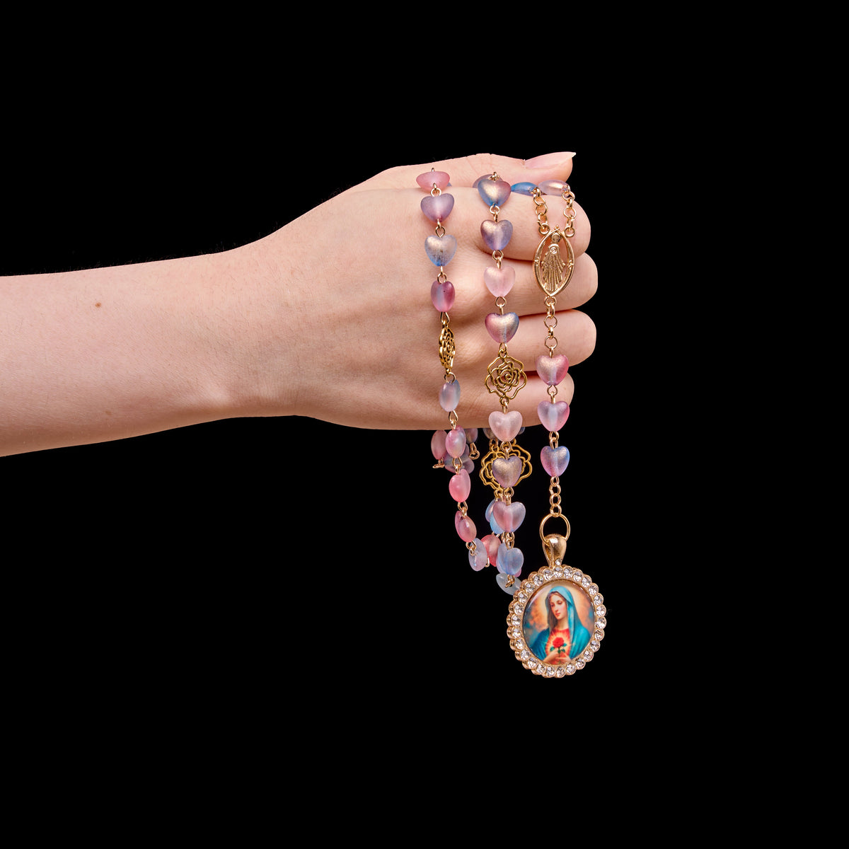 Gradient Frosted Heart Glass Bead Seven Sorrows Rosary with Our Lady Portrait Pendant