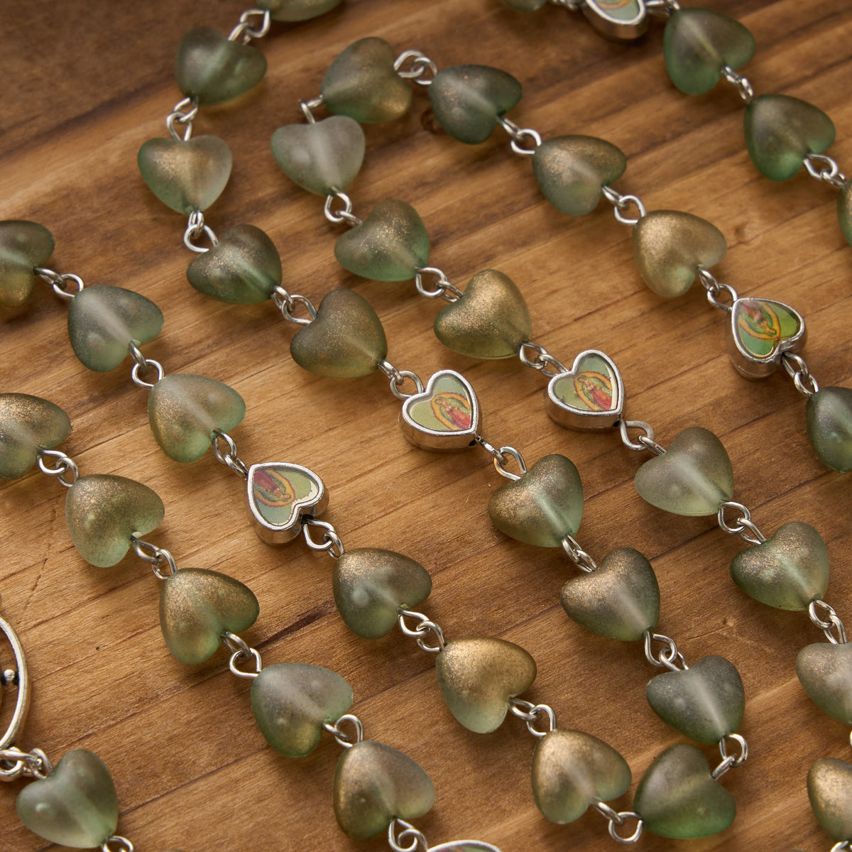 Gradient Frosted Heart Glass Bead Seven Sorrows Rosary with Our Lady Portrait Pendant