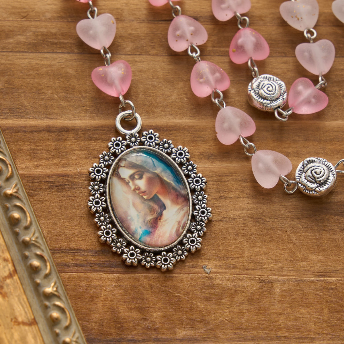 Gradient Frosted Heart Glass Bead Seven Sorrows Rosary with Our Lady Portrait Pendant