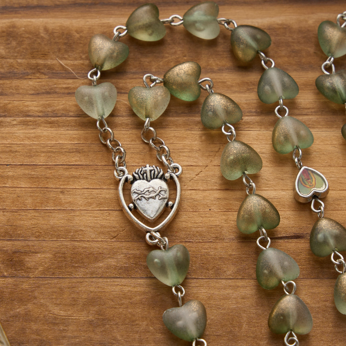 Gradient Frosted Heart Glass Bead Seven Sorrows Rosary with Our Lady Portrait Pendant