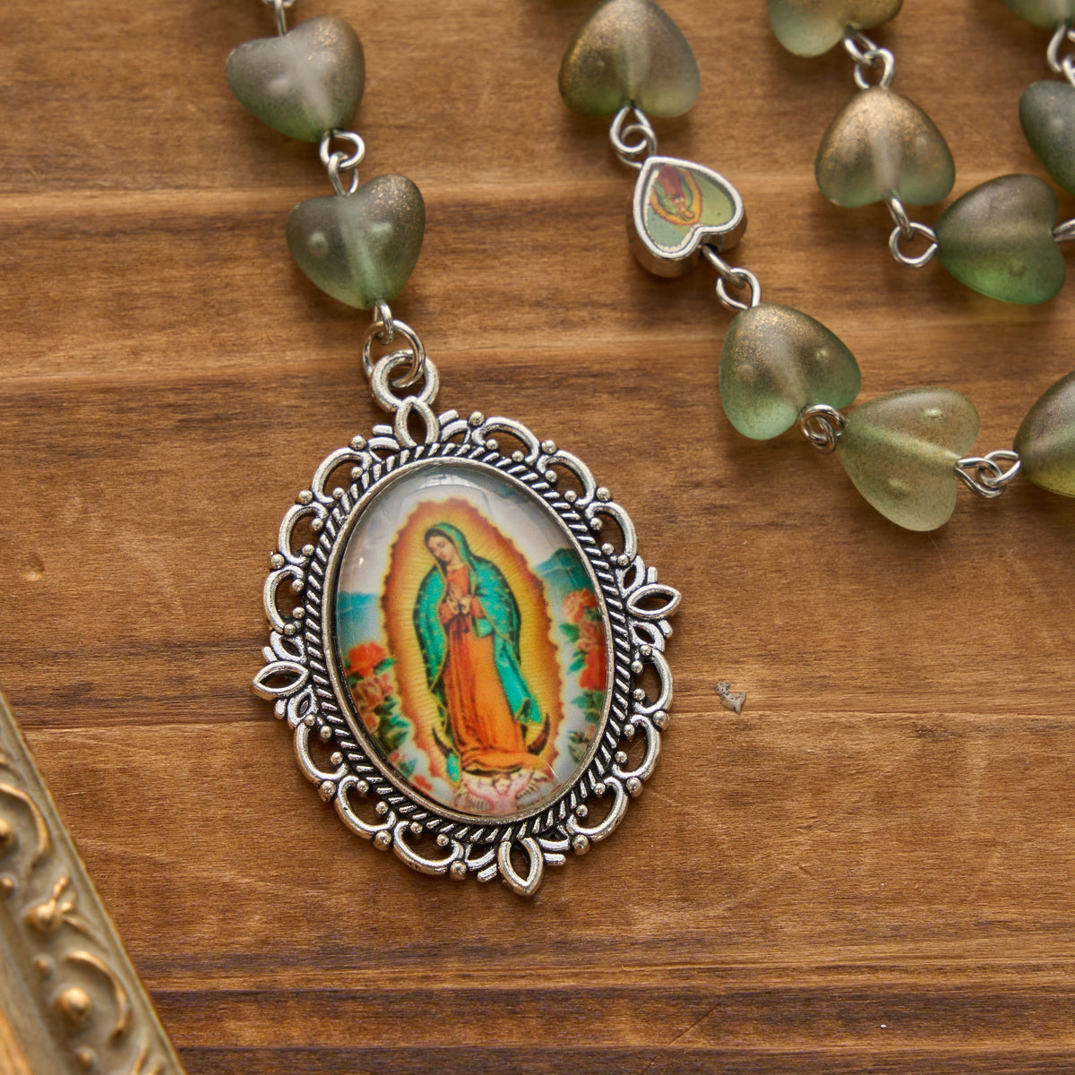 Gradient Frosted Heart Glass Bead Seven Sorrows Rosary with Our Lady Portrait Pendant