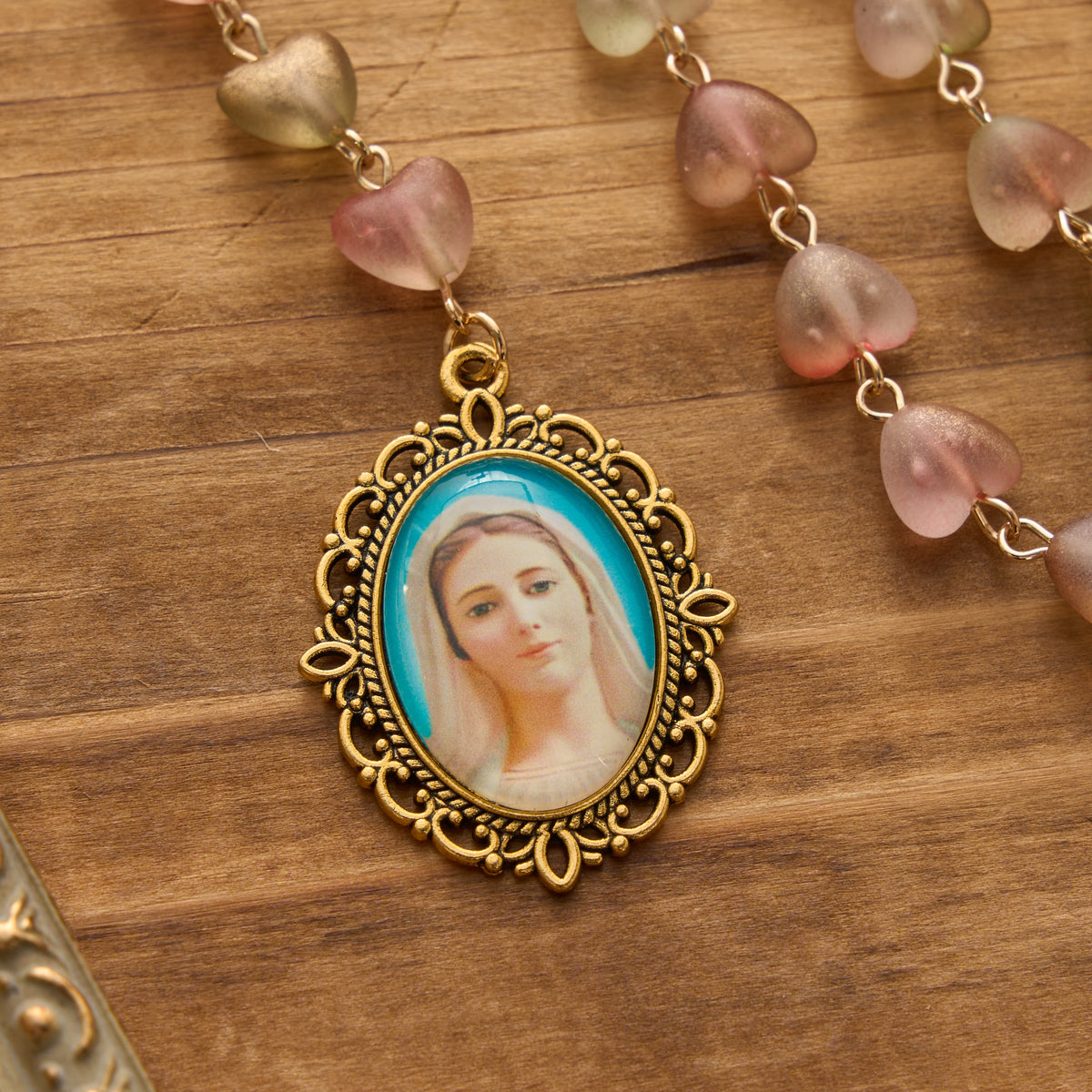 Gradient Frosted Heart Glass Bead Seven Sorrows Rosary with Our Lady Portrait Pendant