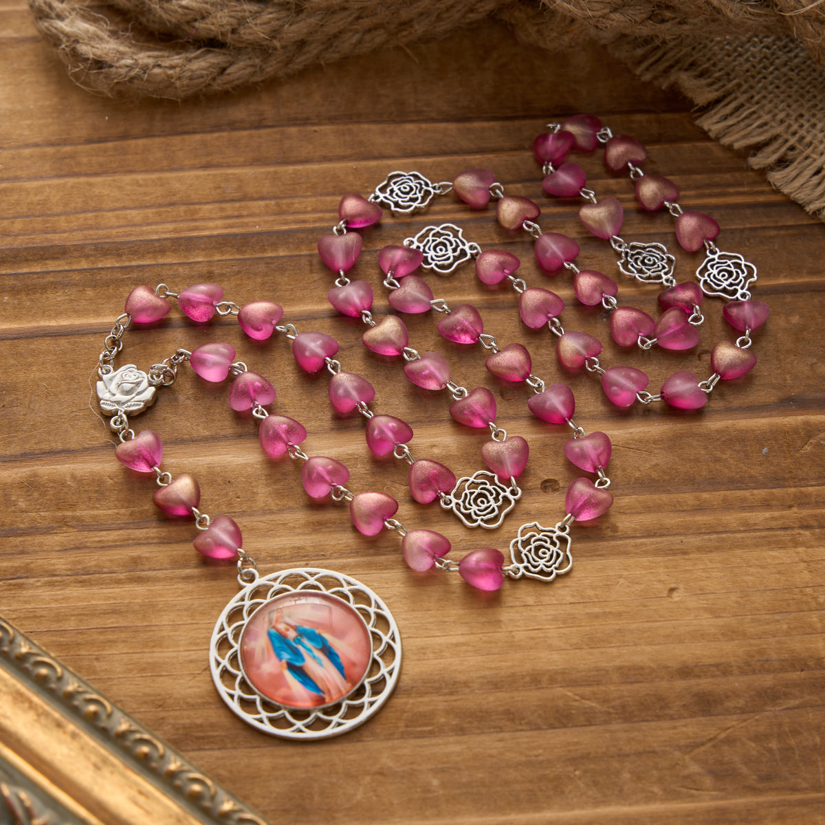 Gradient Frosted Heart Glass Bead Seven Sorrows Rosary with Our Lady Portrait Pendant