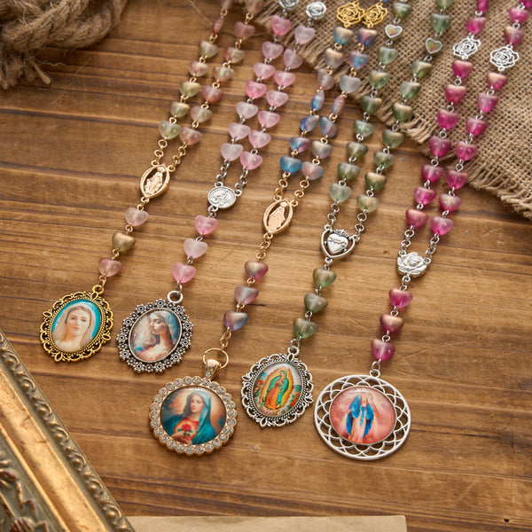 Gradient Frosted Heart Glass Bead Seven Sorrows Rosary with Our Lady Portrait Pendant