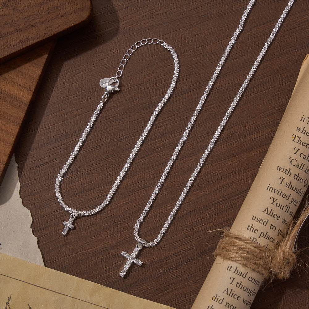 Full Pave Zircon Dainty Cross Tennis Chain Matching Necklace & Bracelet