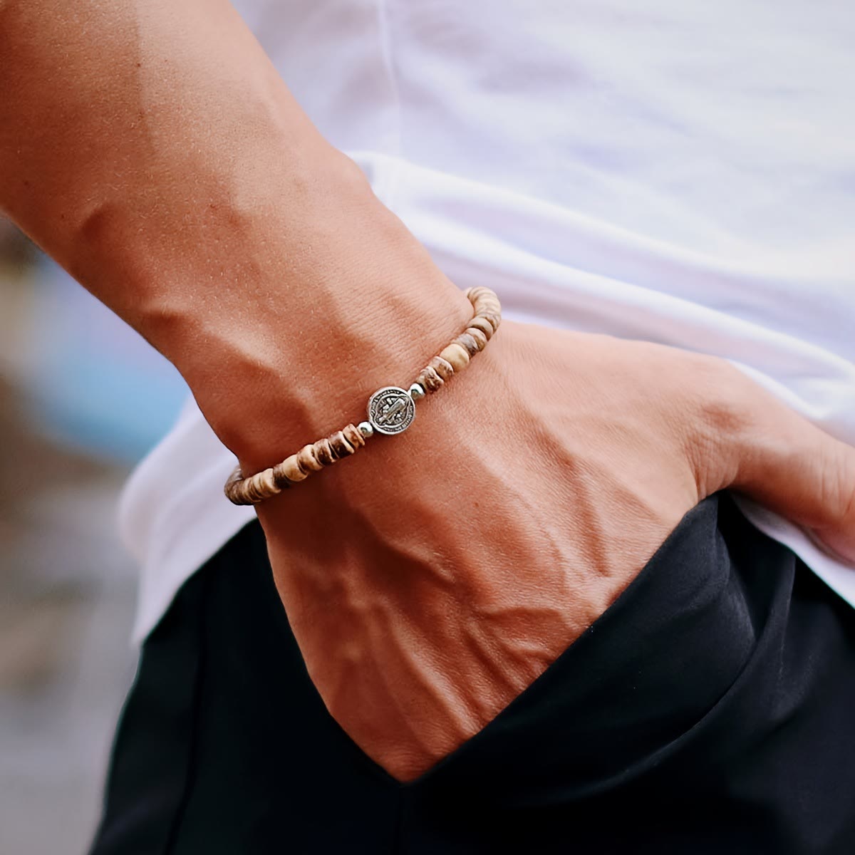 Stretch Natural Stone Bead Bracelet with Embossed St. Benedict Medal Spacers: A Symbol of Divine Protection