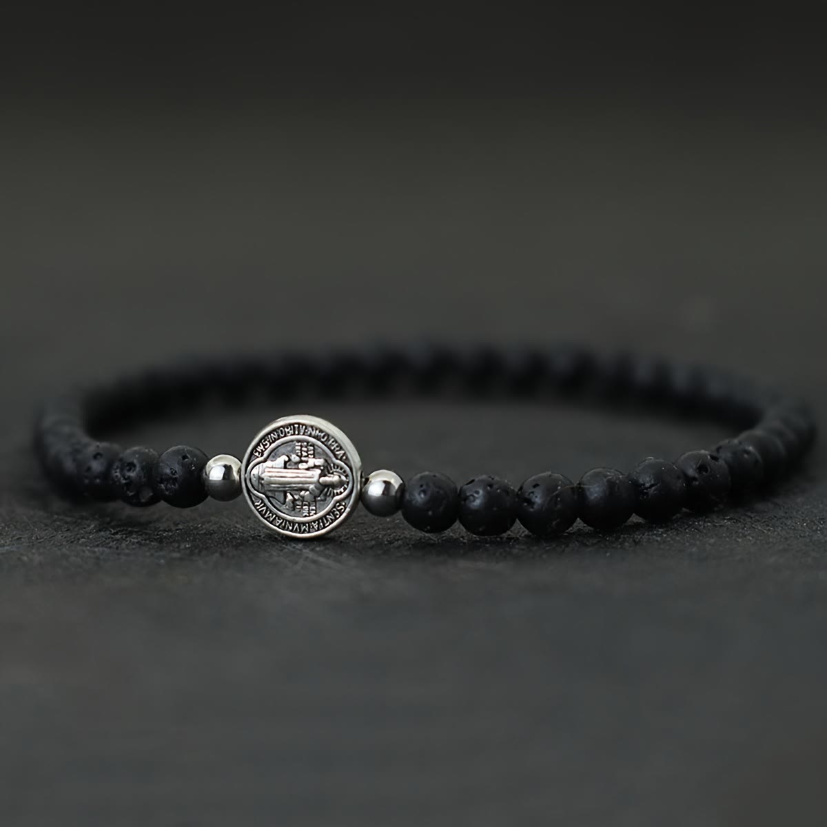 Stretch Natural Stone Bead Bracelet with Embossed St. Benedict Medal Spacers: A Symbol of Divine Protection