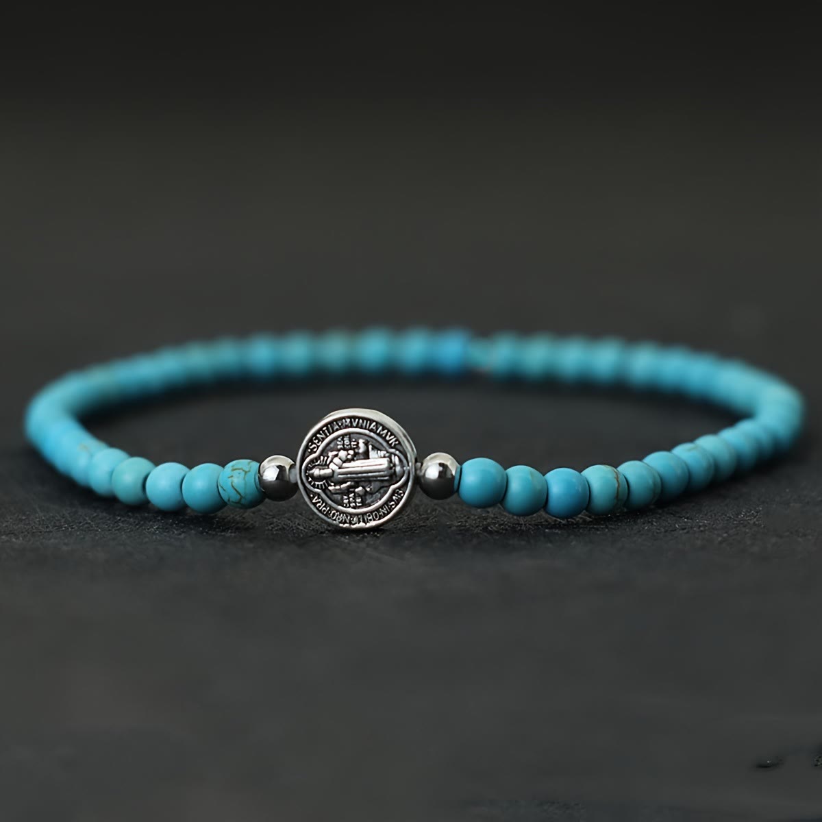 Stretch Natural Stone Bead Bracelet with Embossed St. Benedict Medal Spacers: A Symbol of Divine Protection