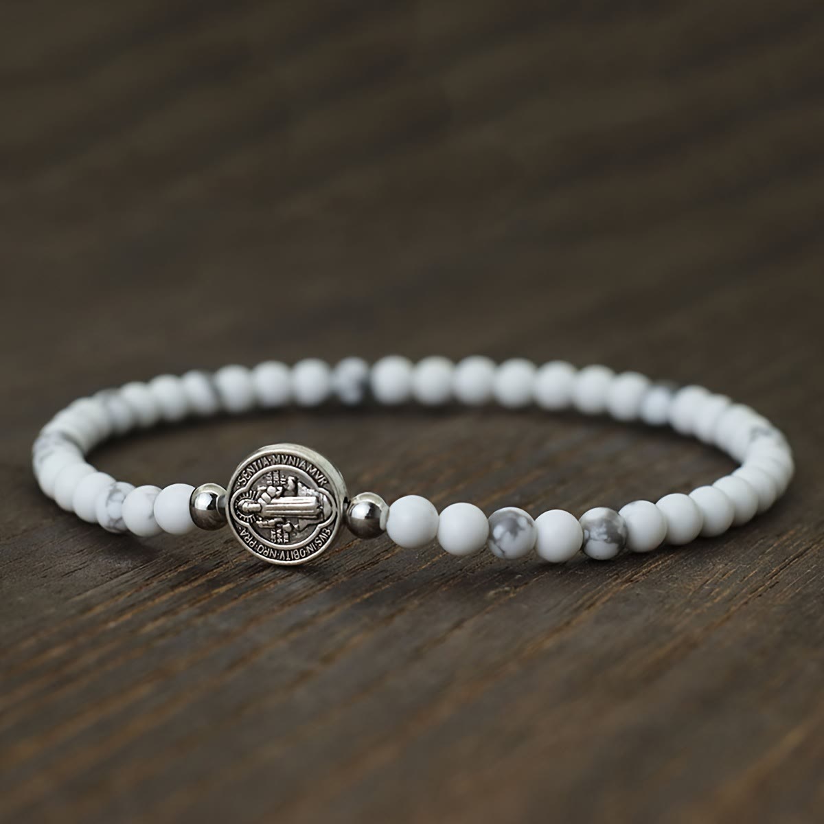 Stretch Natural Stone Bead Bracelet with Embossed St. Benedict Medal Spacers: A Symbol of Divine Protection