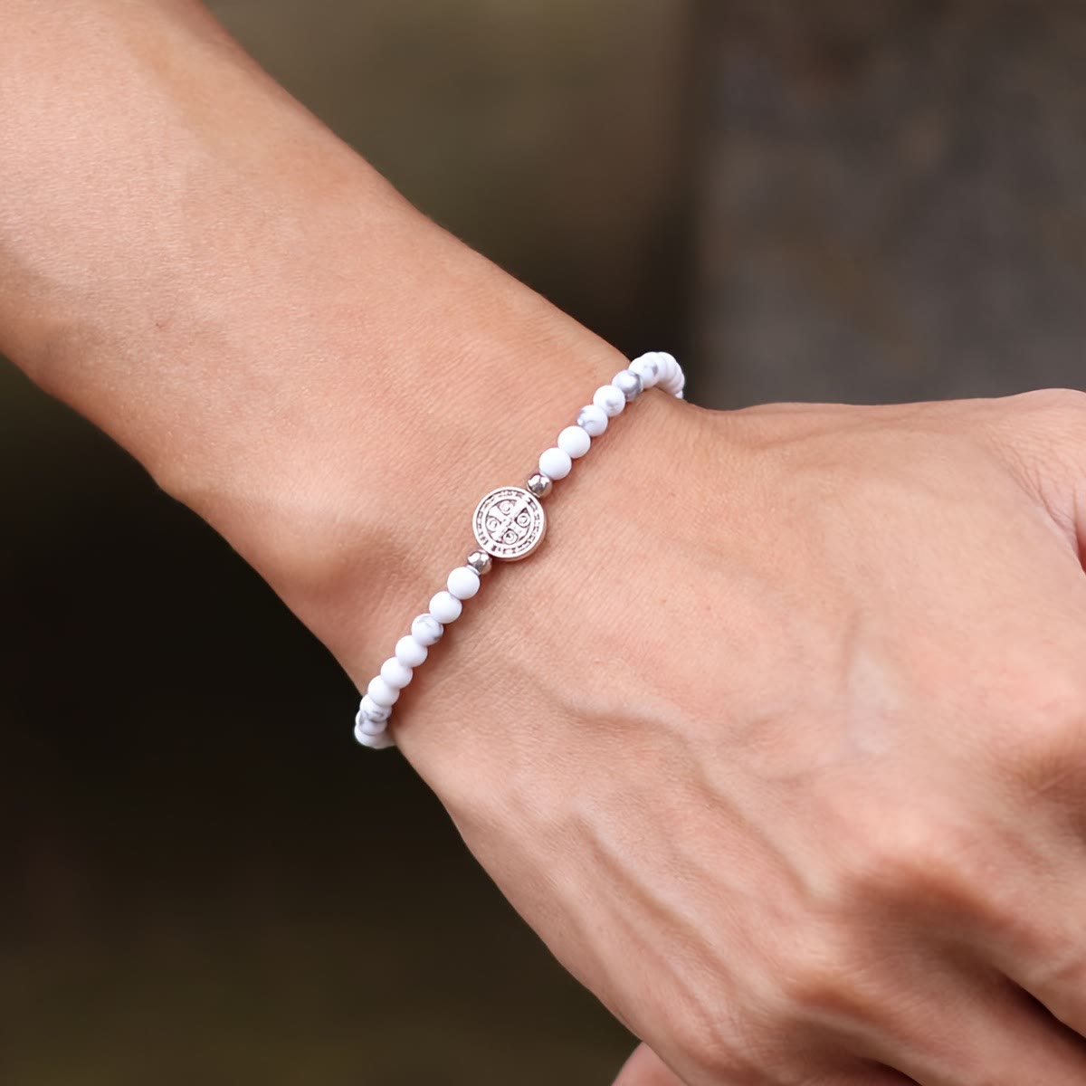 Stretch Natural Stone Bead Bracelet with Embossed St. Benedict Medal Spacers: A Symbol of Divine Protection