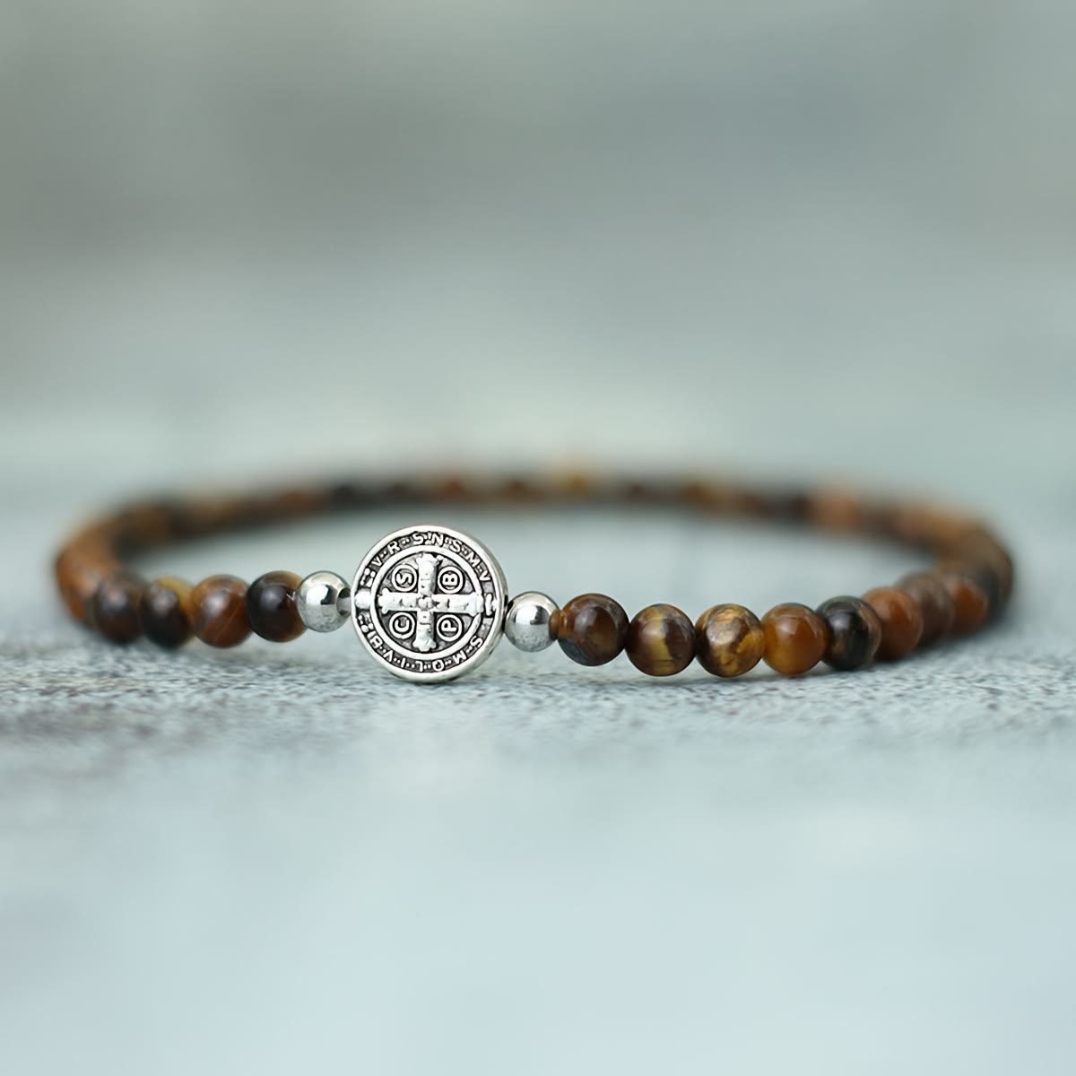 Stretch Natural Stone Bead Bracelet with Embossed St. Benedict Medal Spacers: A Symbol of Divine Protection