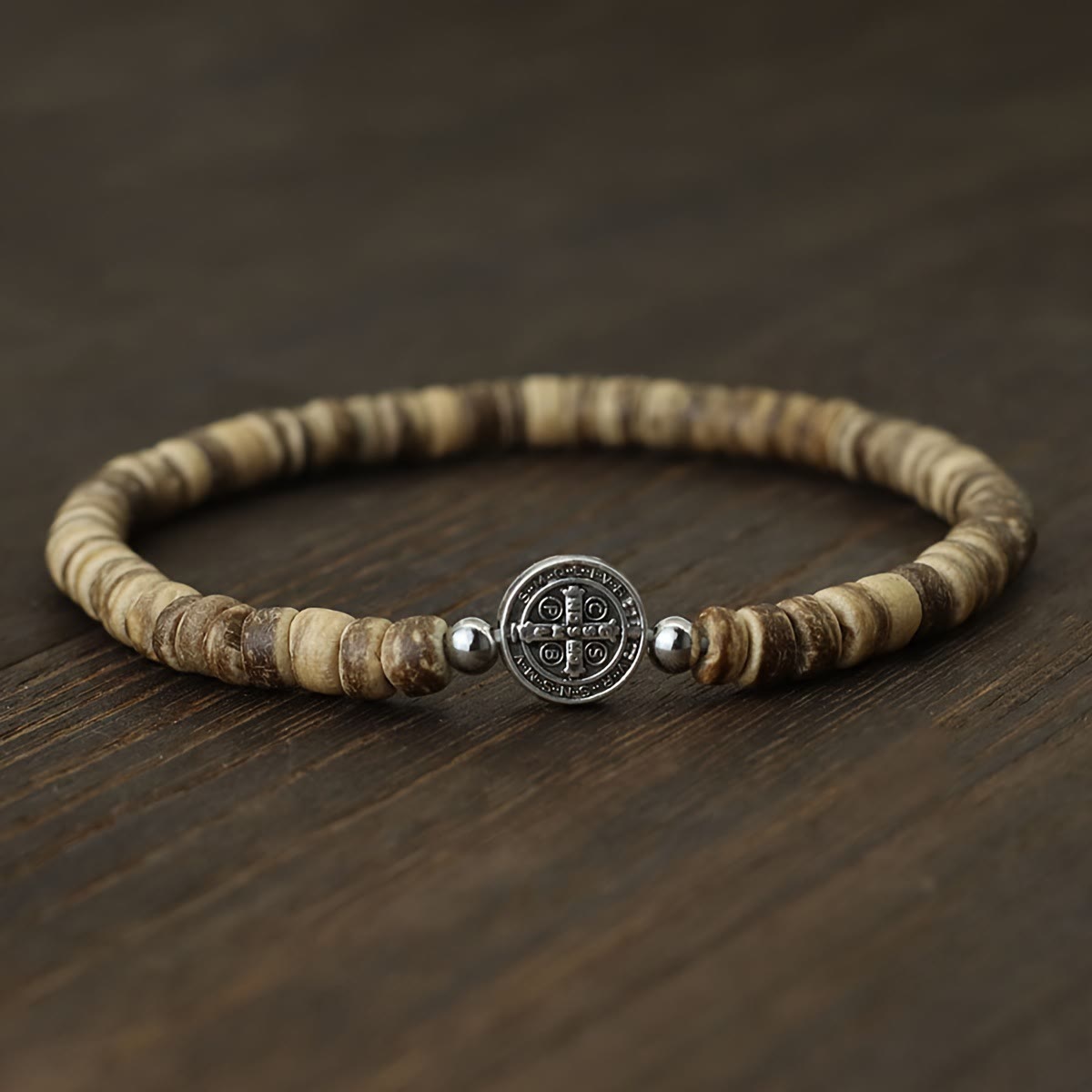 Stretch Natural Stone Bead Bracelet with Embossed St. Benedict Medal Spacers: A Symbol of Divine Protection