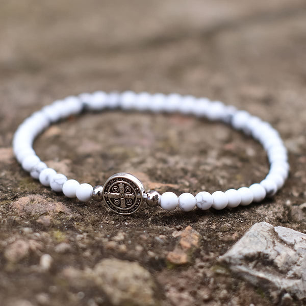 Stretch Natural Stone Bead Bracelet with Embossed St. Benedict Medal Spacers: A Symbol of Divine Protection